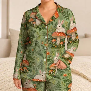 Woodland Rabbit And Mushroom Meadow For Cozy Nature-Inspired Lounging Satin Pajamas Set