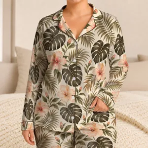 Monstera Hibiscus Tropical Foliage for Relaxed Island Getaways and Summer Lounging Satin Pajamas Set