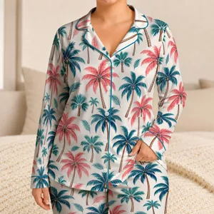 Retro Palm Tree Motifs for Relaxed Tropical Getaways and Sunny Coastal Weekend Style Satin Pajamas Set