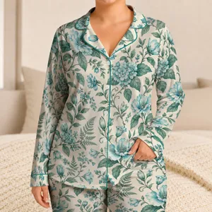 Aqua Botanical Garden Florals for Breezy Summer Lounging and Relaxed Home Days Satin Pajamas Set