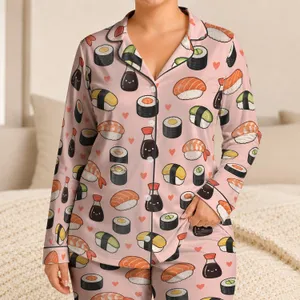 Playful Sushi Rolls and Soy Sauce Bottles for Relaxed Summer Evenings at Home Together Satin Pajamas Set