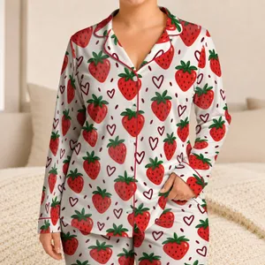 Strawberry And Dainty Heart Motifs For Sweet Summer Lounging And Cozy Evenings Satin Pajamas Set