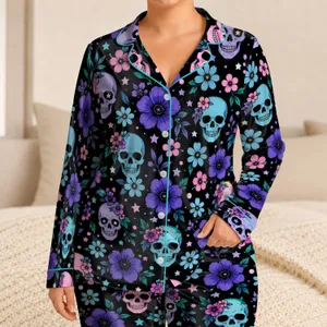 Gothic Skull And Violet Blooms For Spooky Halloween Nights And Cozy Autumn Evenings Satin Pajamas Set