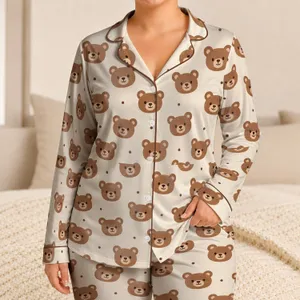 Cute Brown Bear Faces for Cozy Weekend Lounging and Sweet Gift Giving at Home Everyday Satin Pajamas Set