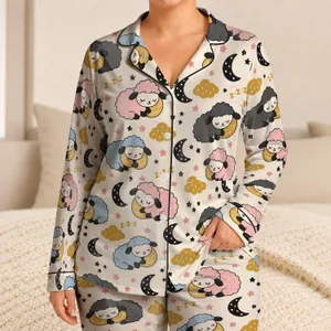 Sleeping Sheep, Moon And Cloud Motifs For Cozy Bedtime Gifting For Women Satin Pajamas Set