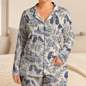 Cavalier Spaniel And Indigo Florals For Cozy Weekend Lounging Gift For Her Satin Pajamas Set