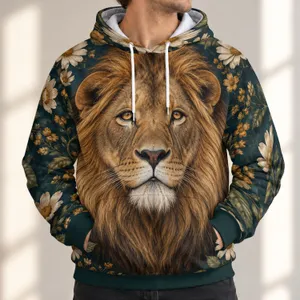 Regal Lion Portrait and Vintage Botanicals for Confident Everyday Casual Wear All-over Print Hoodie (Lightweight)