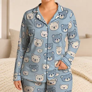 Cute Blue Bear Faces for Cozy Bedtime Comfort and Relaxing Nights at Home All Year Satin Pajamas Set