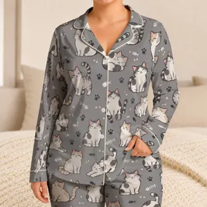Cozy Gray Cat Companions for Relaxing Winter Evenings at Home, a Gift for Cat Lovers Satin Pajamas Set