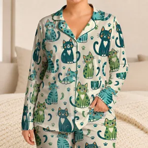 Playful Green Cat Faces for Cozy Evenings and Whimsical Relaxed Lounging at Home Satin Pajamas Set