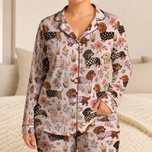 Dachshund Pearl Milk Tea Motifs for Cozy Lounging and Relaxed Evenings Satin Pajamas Set