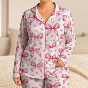 Pink Bow and Heart Motifs for Romantic Valentine Gifting and Sweet Springtime Style Satin Pajamas Set