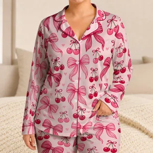 Cherry And Ribbon Bow Motifs For Sweet Cozy Evenings And Relaxed At-Home Style For Her Satin Pajamas Set