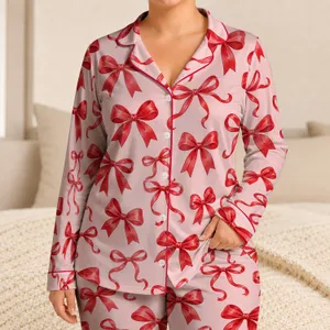 Red Ribbon Bows on Blush Pink for Romantic Springtime Gifting Satin Pajamas Set