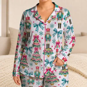 Nutcracker And Christmas Tree Holiday Cheer For Festive Winter Lounging Satin Pajamas Set