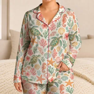 Pastel Sea Turtles, Starfish and Seahorses for Romantic Coastal Escapes Satin Pajamas Set