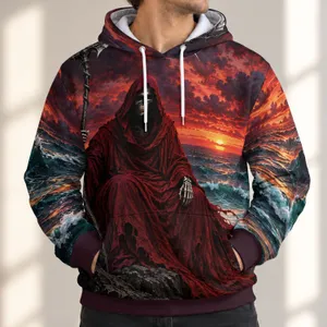 Crimson Grim Reaper at Sea Sunset for Dark Fantasy Fans and Halloween Nights All-over Print Hoodie (Lightweight)