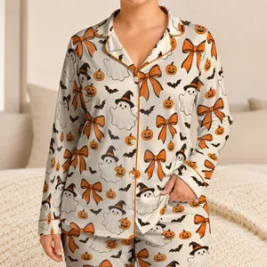 Pumpkin Ghosts And Bows For Cozy Halloween Nights And Autumn Lounging Satin Pajamas Set