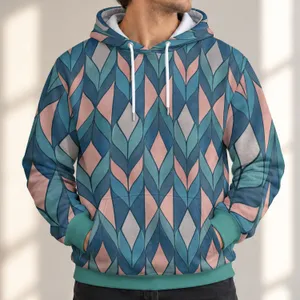 Teal Pink Geometric Rhombus Motif for Relaxed Weekend Casual Wear All-over Print Hoodie (Lightweight)
