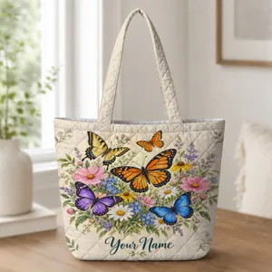 Wildflower Garden and Monarch Butterflies for Spring Gifts and Nature Lovers Quilted Tote Bag