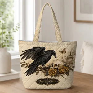 Gothic Raven Skull And Black Rose For Dark Academia Reading And Halloween Gifts Quilted Tote Bag
