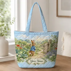 Watercolor Garden Rabbit and Spring Blooms for Storybook Springtime Gift Giving Quilted Tote Bag