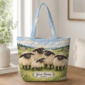 Sheep Flock in Rolling Green Hills for Cozy Farmhouse Living and Cottagecore Gifts Quilted Tote Bag