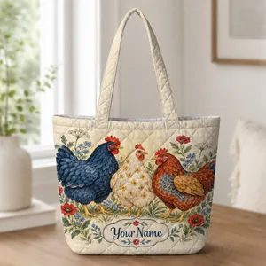 Colorful Cottage Hens and Garden Flowers for Farmhouse Kitchen Gifts Quilted Tote Bag