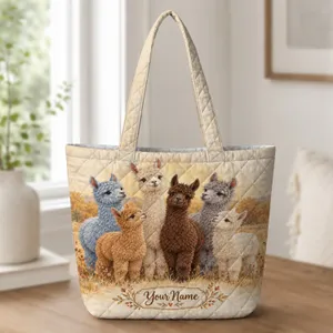 Alpaca Family in Autumn Meadow for Cozy Farmhouse Laundry Days and Alpaca Lovers Quilted Tote Bag