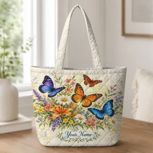 Colorful Butterfly Wildflower Garden for Spring Home Organizing and Cottagecore Living Quilted Tote Bag