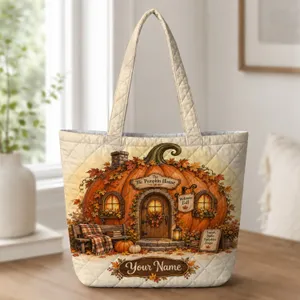 Wooden Pumpkin House for Cozy Autumn Reading Nooks and Fall Seasonal Home Decor Quilted Tote Bag