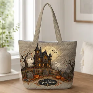 Haunted House, Ghosts And Pumpkins For Halloween Night Trick Or Treat Adventures Gift Quilted Tote Bag
