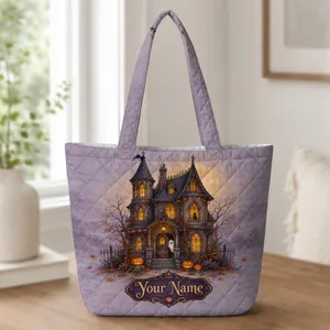 Victorian Haunted Mansion Halloween Scene For Spooky Autumn Home Lovers Quilted Tote Bag