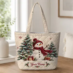 Festive Snowman Among Evergreen Trees for Cozy Christmas Shopping and Winter Outings Quilted Tote Bag