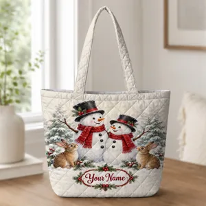 Snowmen and Rabbits in a Snowy Christmas Grove for Cozy Winter Holiday Outings Quilted Tote Bag