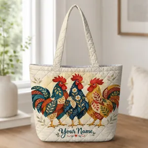 Colorful Patchwork Roosters for Everyday Market Outings and Farmhouse Style Lovers Quilted Tote Bag