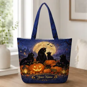 Black Cats and Pumpkin Lanterns for Halloween Night, Autumn Gifts for Cat Lovers Quilted Tote Bag