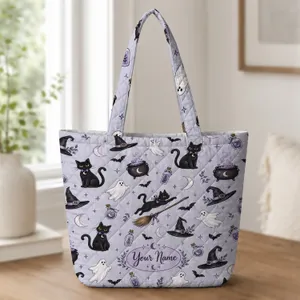 Witch Hat Cauldron and Black Cat Halloween Gift for Cozy Spooky Season Lovers Women Quilted Tote Bag