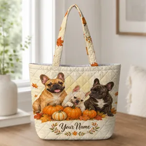 French Bulldog Pumpkin Fall Gift for Frenchie Lovers and Cozy Thanksgiving Days Quilted Tote Bag