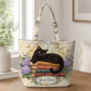 Black Cat on Vintage Books with Garden Blooms for Cozy Reading Lovers Quilted Tote Bag