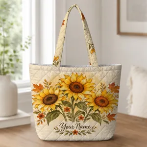 Three Golden Sunflowers Russet Maple Leaves Olive Foliage Autumn Harvest Golden Sunflowers and Quilted Tote Bag