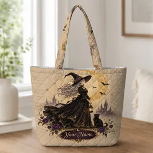 Crescent Moon Witch and Black Cat for Halloween Nights and Dark Academia Style Quilted Tote Bag