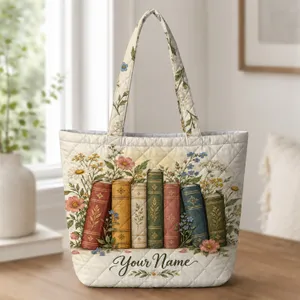 Vintage Books and Wildflowers for Cottagecore Reading Days and Library Lovers Quilted Tote Bag