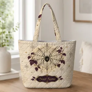 Ivory Spiderweb And Black Spider For Halloween Parties And Gothic Autumn Outings Quilted Tote Bag