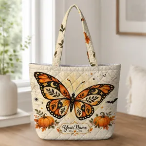 Halloween Butterfly and Pumpkin Gift for Autumn Celebrations and Spooky Season Lovers Quilted Tote Bag