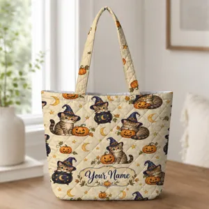 Witchy Halloween Cats and Jack-O'-Lanterns for Autumn Spooky Season Gift Giving Quilted Tote Bag