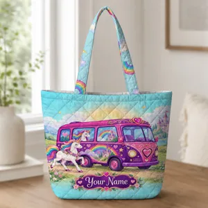 Magical Unicorn Bus Rainbow Castle Birthday Travel Keepsake for Girls Quilted Tote Bag