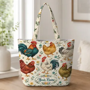 Colorful Rooster and Chicken Motifs for Farmhouse Travel and Everyday Gifting Quilted Tote Bag