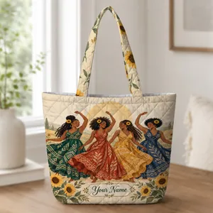 African Women Dancing Among Sunflowers for Summer Garden Gatherings and Boho Gift Quilted Tote Bag