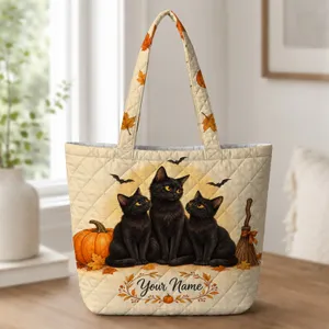 Black Cat Pumpkin Halloween Scene for Autumn Outings and Spooky Season Gifts Quilted Tote Bag
